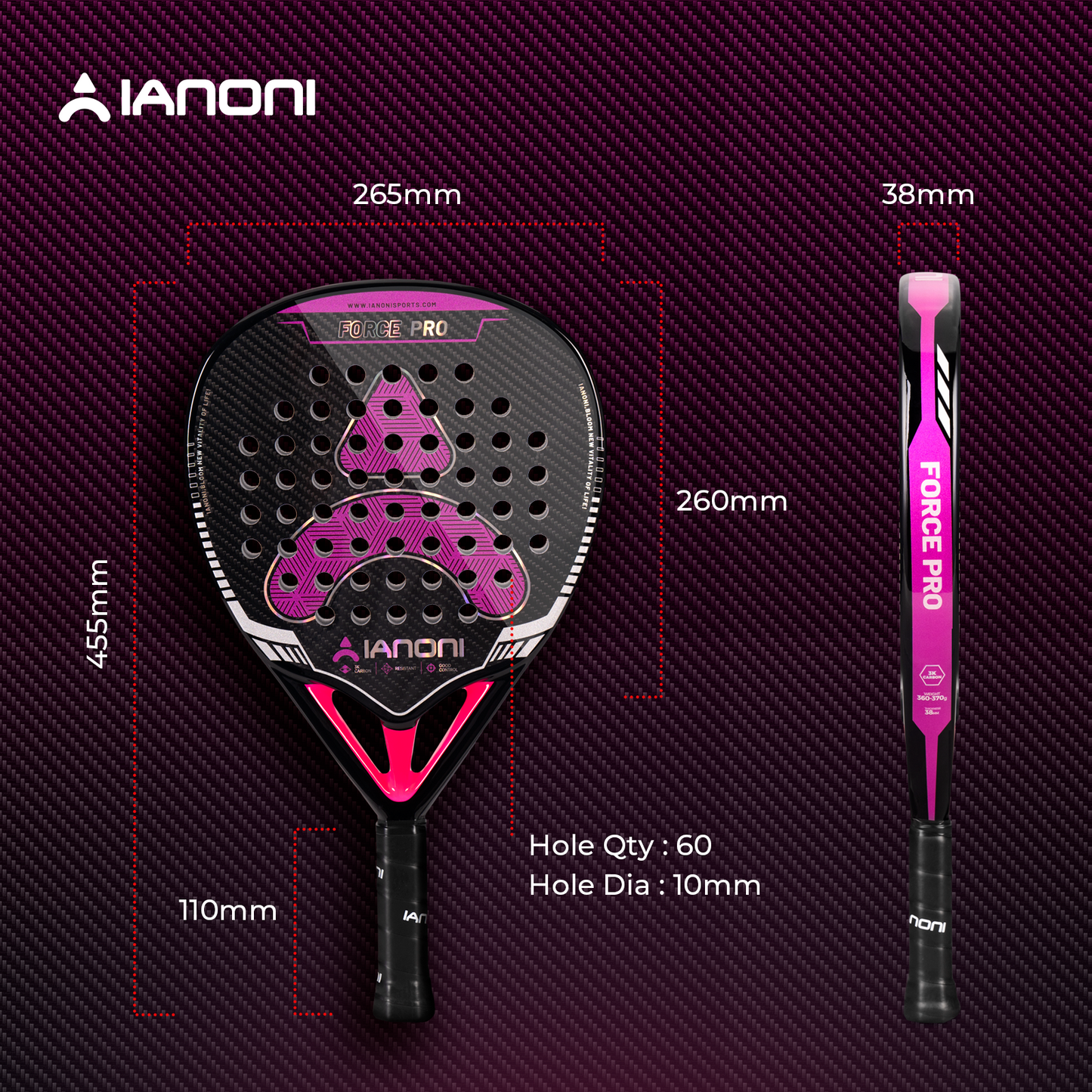 IANONI padel racket force pro 3K carbon fiber glossy 360g 38mm EVA core new design paddle racket