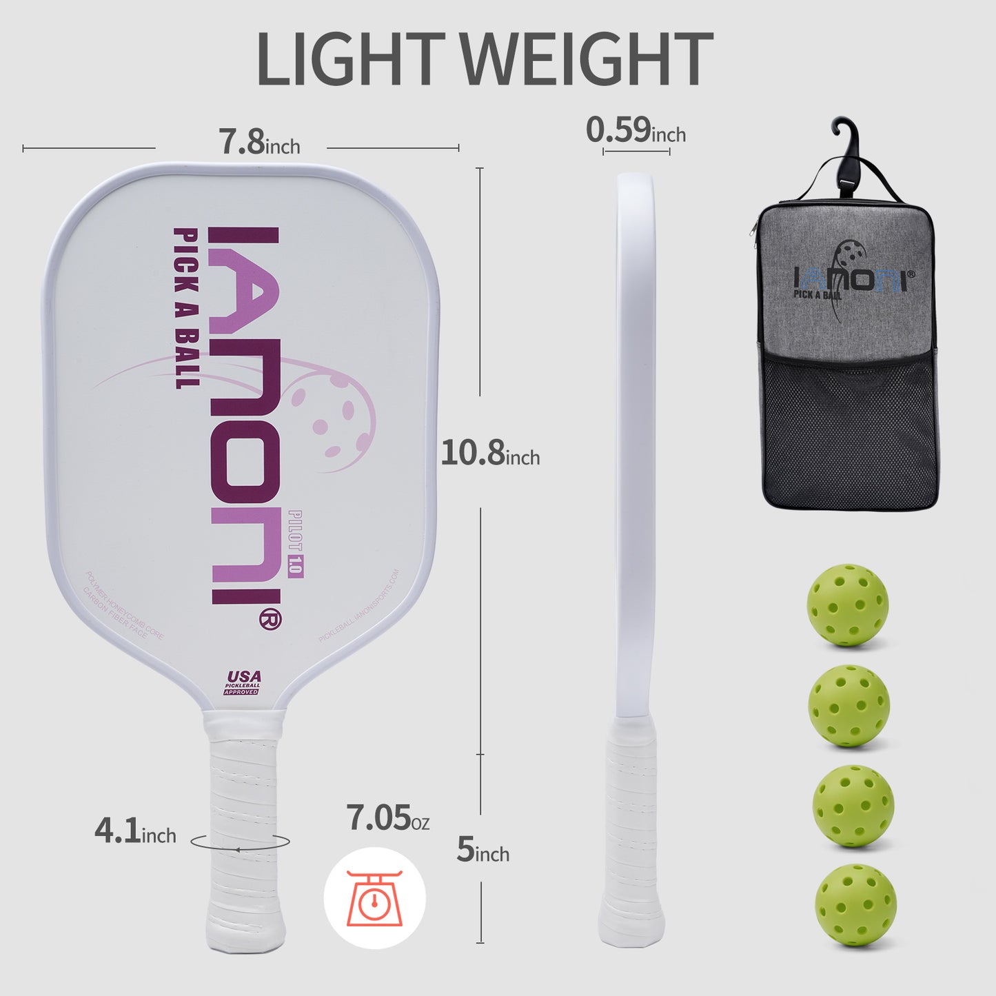 IANONI Pickleball Paddle - Carbon Abrasion Surface with High Grit & Spin, Pickleball Paddle with Polypropylene Honeycomb Core