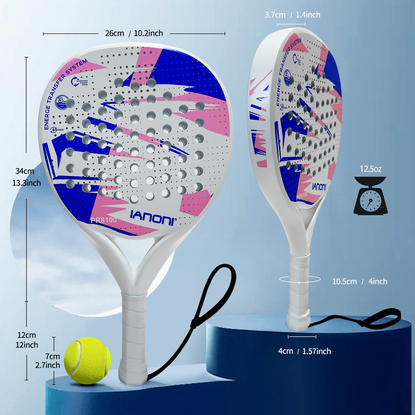 Paddle Tennis Racket Carbon Fiber Surface with EVA Memory Flex Foam Core POP Paddle Rackets-2 Paddle with 3 Balls