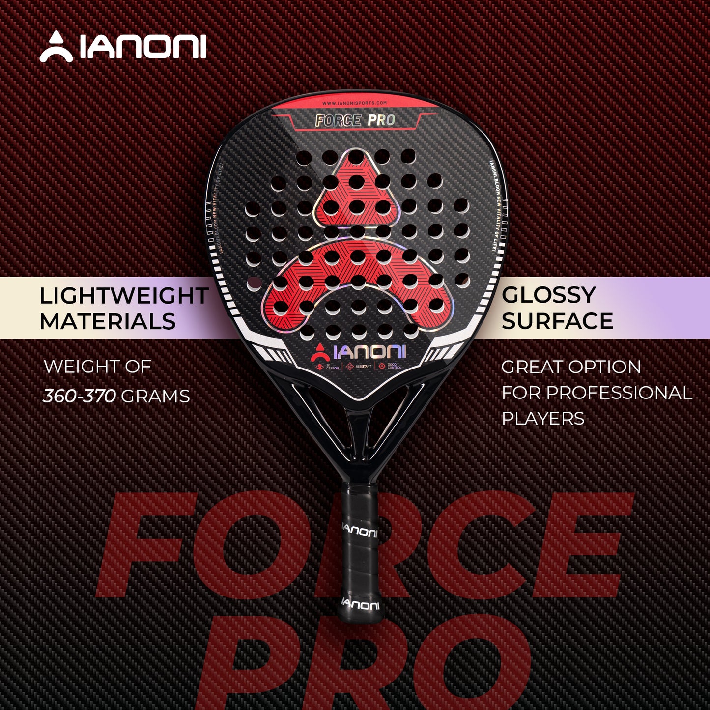 IANONI force pro 3K Carbon fiber -Glossy 360g 38mm paddle racket padel racquet