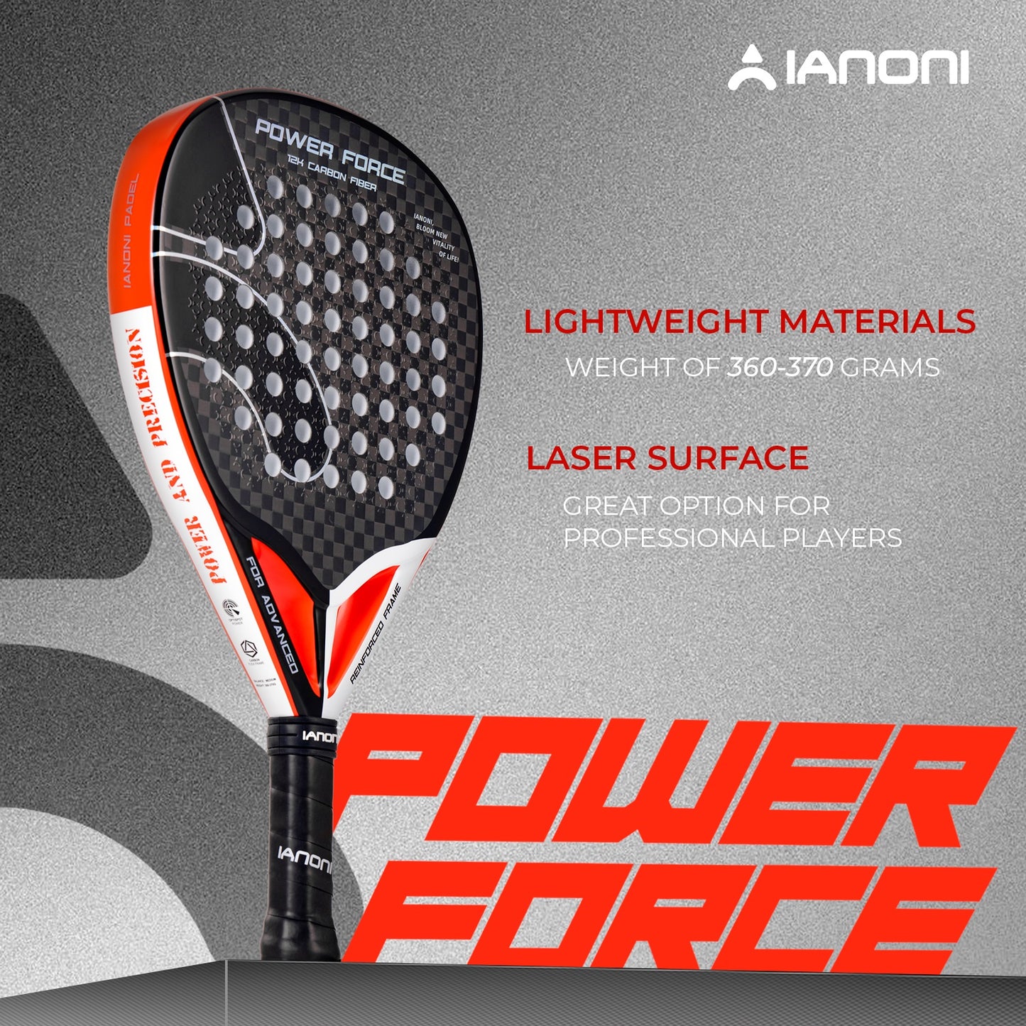 IANONI power force 12K laser effect 3d Surface high elasticity core padel racket