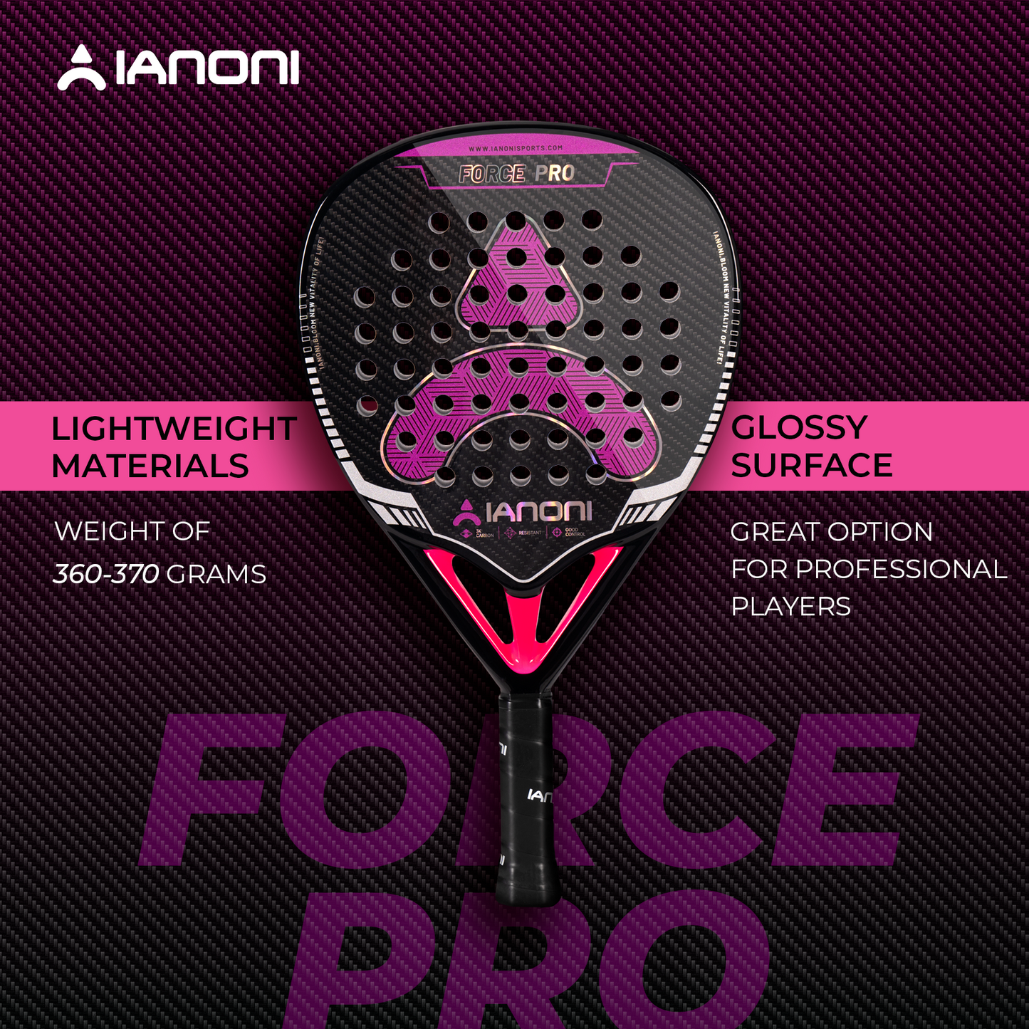 IANONI padel racket force pro 3K carbon fiber glossy 360g 38mm EVA core new design paddle racket