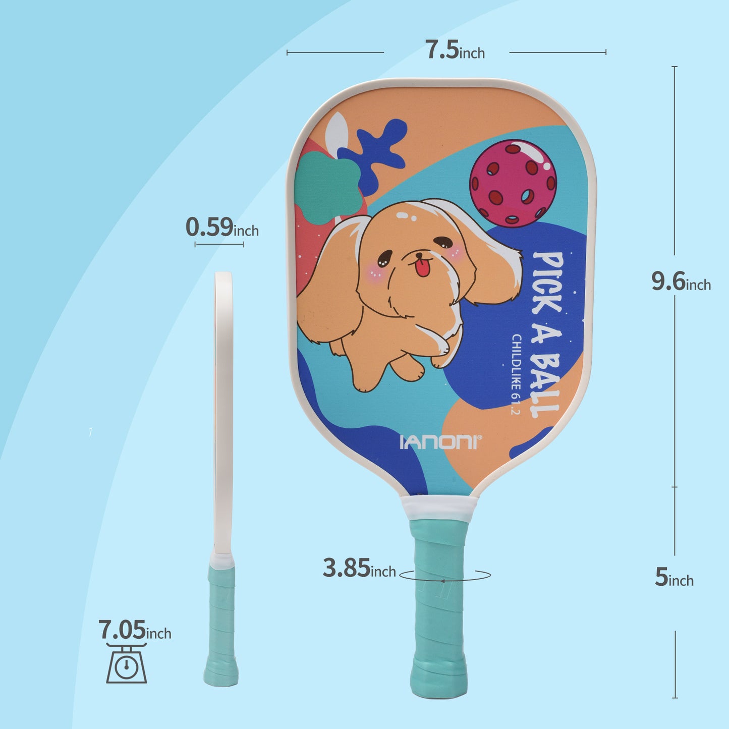 IANONI Pickleball Paddle for Kids – Child Size Paddle for Children 12 and Under, Fiberglass Surface & Polypropylene Honeycomb Polymer Core | Premium Grip