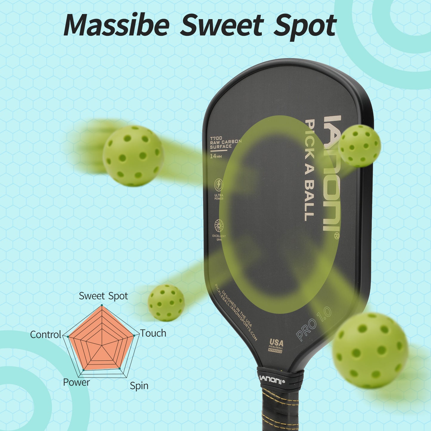 IANONI Pickleball Paddle - T700 Carbon Friction Textured Surface with High Grit & Spin and Agility, Pickleball Rackets with Highly Flexible and Fast Shot - IANONI PRO 1.0