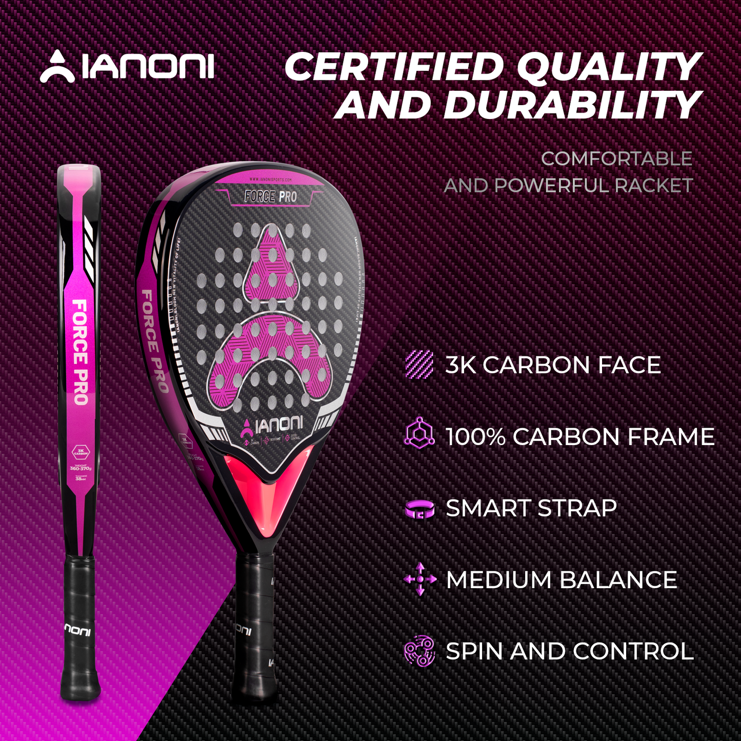 IANONI padel racket force pro 3K carbon fiber glossy 360g 38mm EVA core new design paddle racket