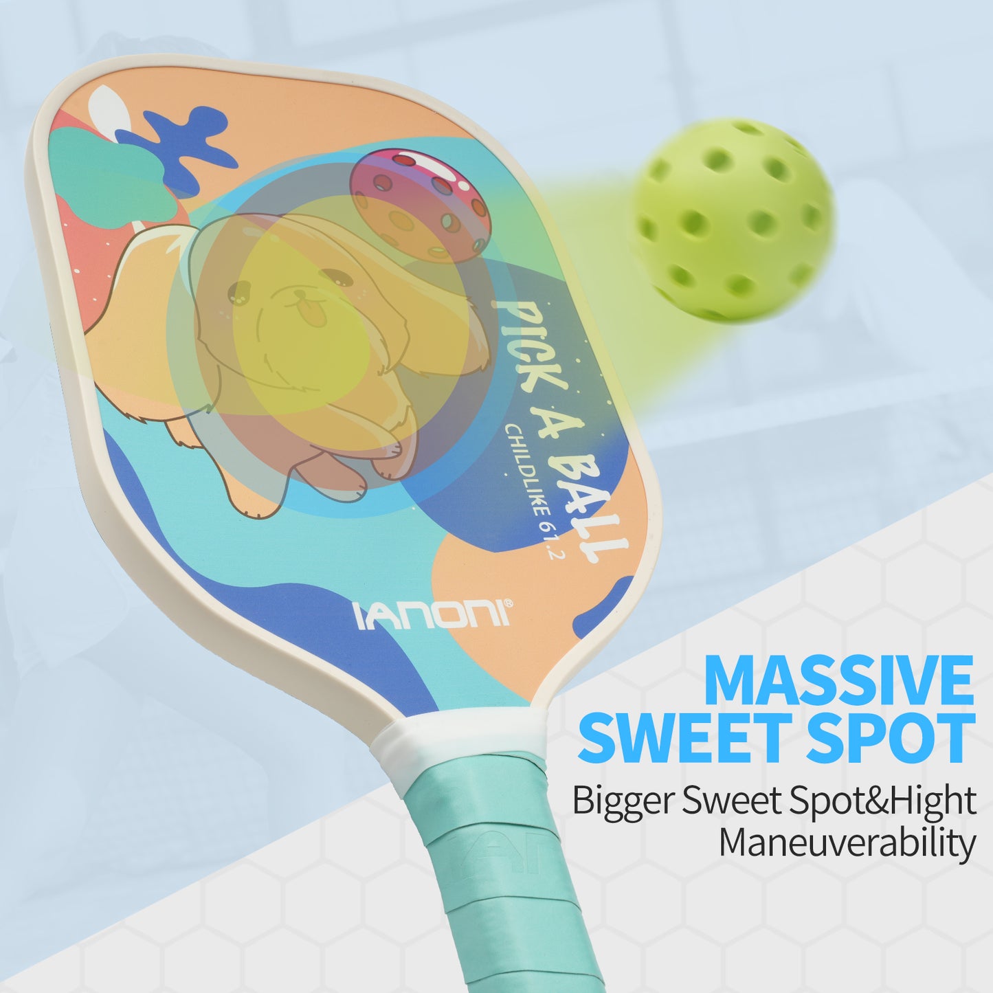 IANONI Pickleball Paddle for Kids – Child Size Paddle for Children 12 and Under, Fiberglass Surface & Polypropylene Honeycomb Polymer Core | Premium Grip
