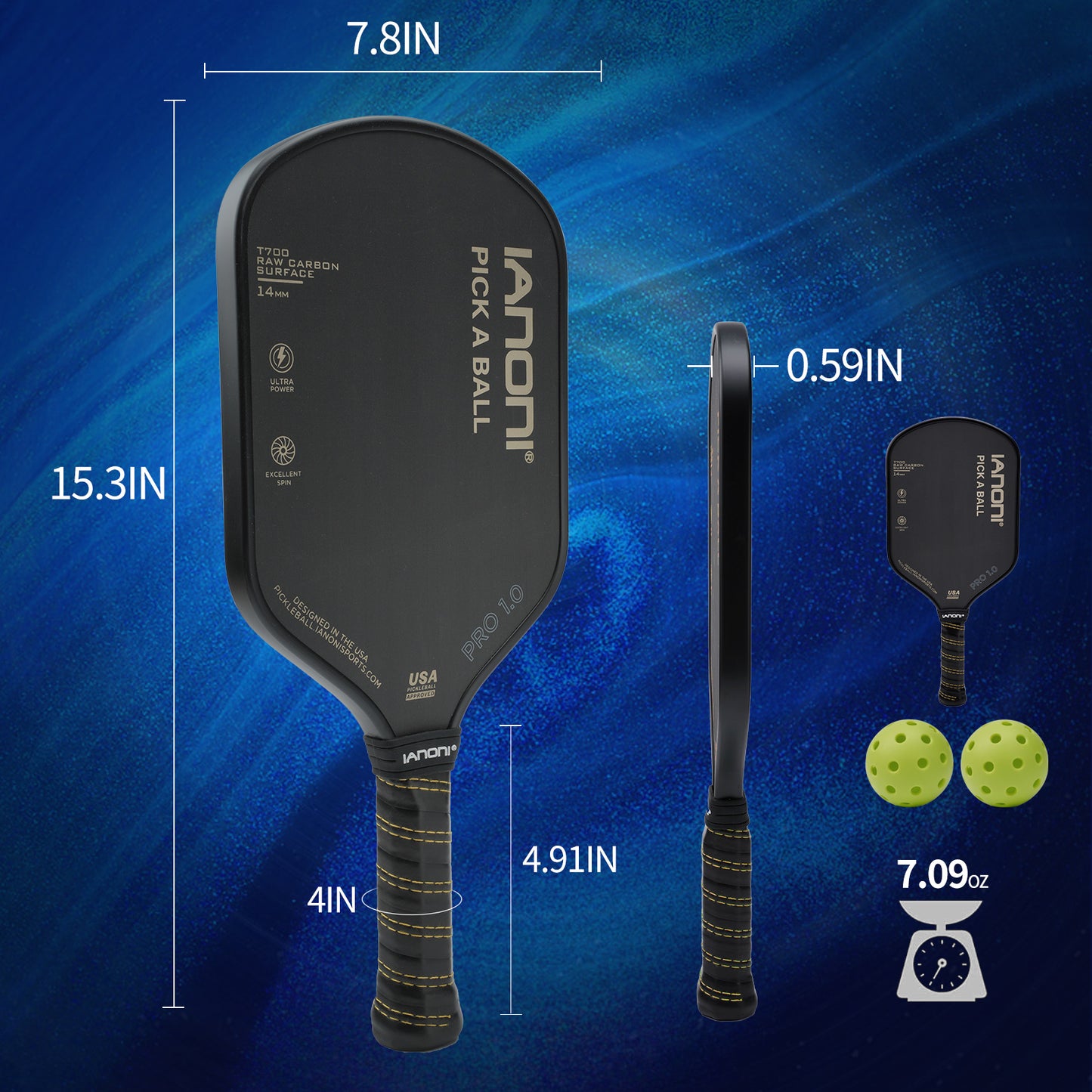 IANONI Pickleball Paddle - T700 Carbon Friction Textured Surface with High Grit & Spin and Agility, Pickleball Rackets with Highly Flexible and Fast ...