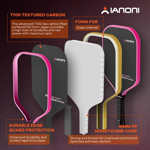IANONI Pro 3.0 Pickleball Paddle Pink T700 Raw Carbon PP Honeycomb