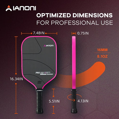 IANONI Pro 3.0 Pickleball Paddle Pink T700 Raw Carbon PP Honeycomb