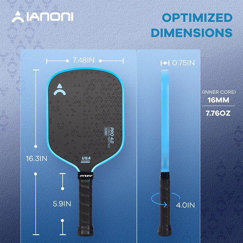 IANONI Pro 4.0 Blue Pickleball Paddle Raw Carbon Fiber PP Honeycomb