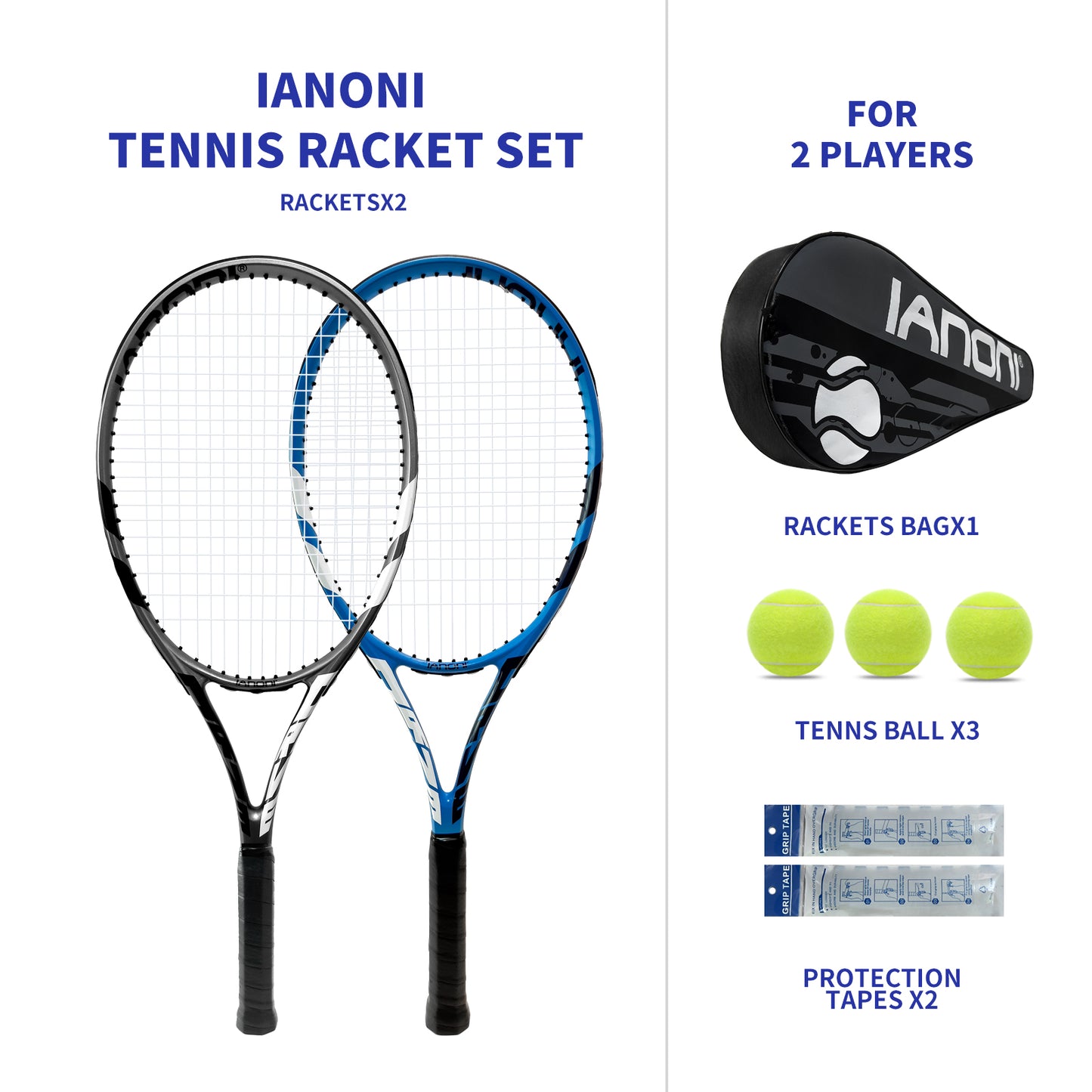 ianoni Tennis Rackets 2 Players Recreational for Beginners ,Pre-Strung 27 Inch Light Adult Racquet Set