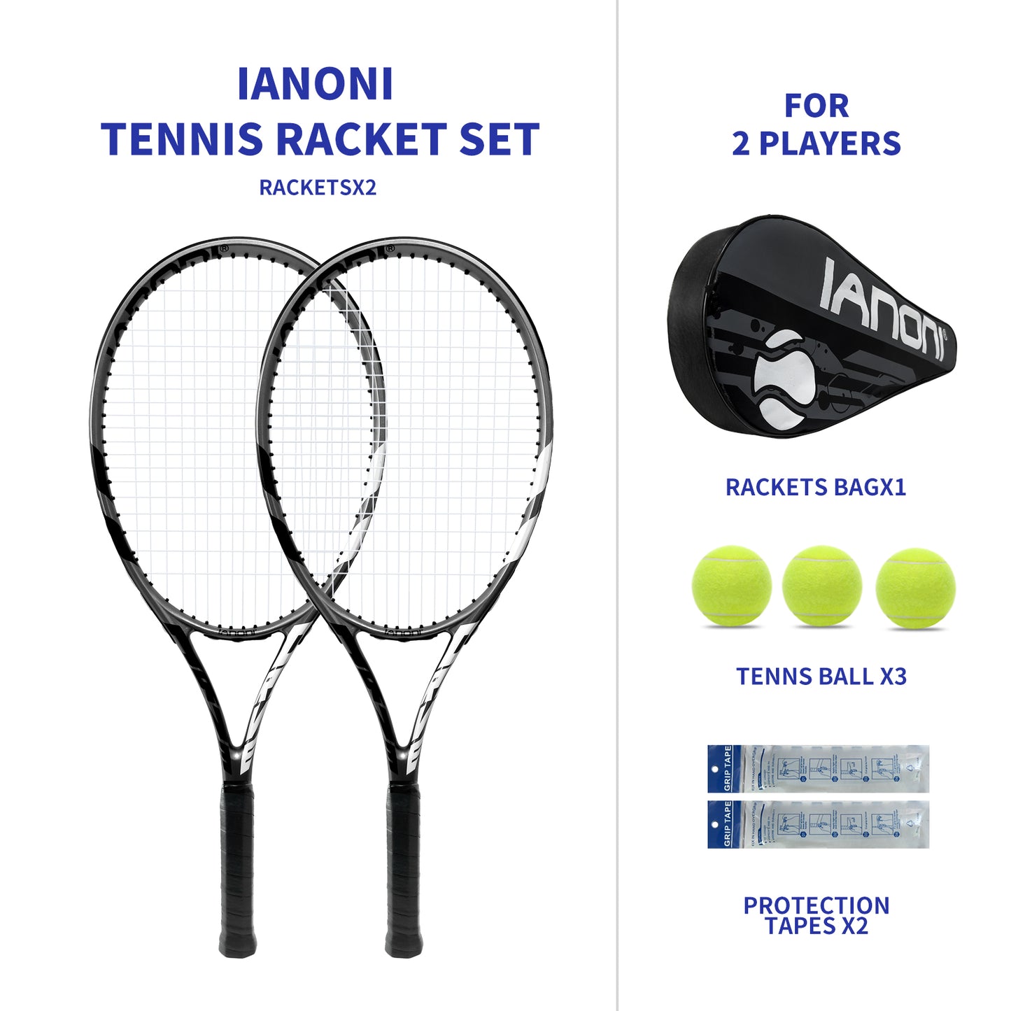 ianoni Tennis Rackets 2 Players Recreational for Beginners ,Pre-Strung 27 Inch Light Adult Racquet Set