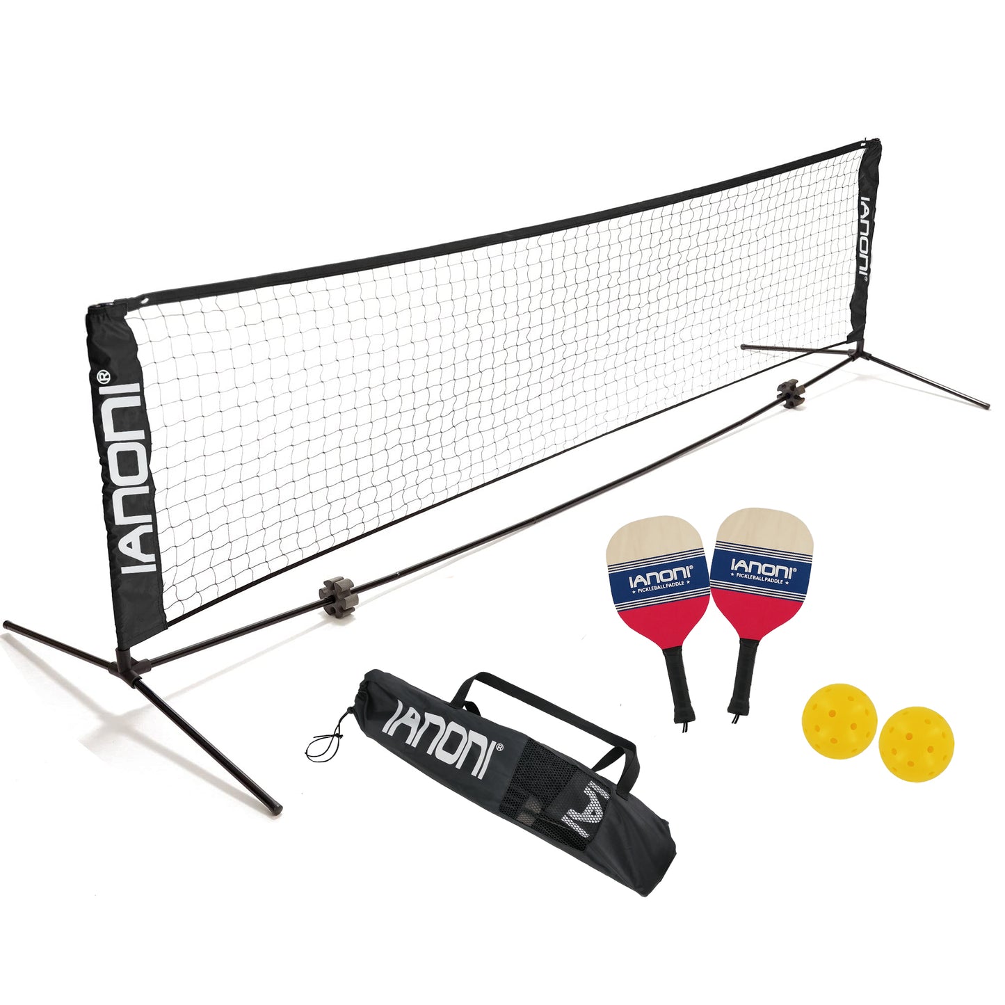 IANONI Games Portable Pickleball Net Set with 2 Wood Racket Paddles, 2 Outdoor Pickleballs, 10 FT Pickleball Net and Carry Bag