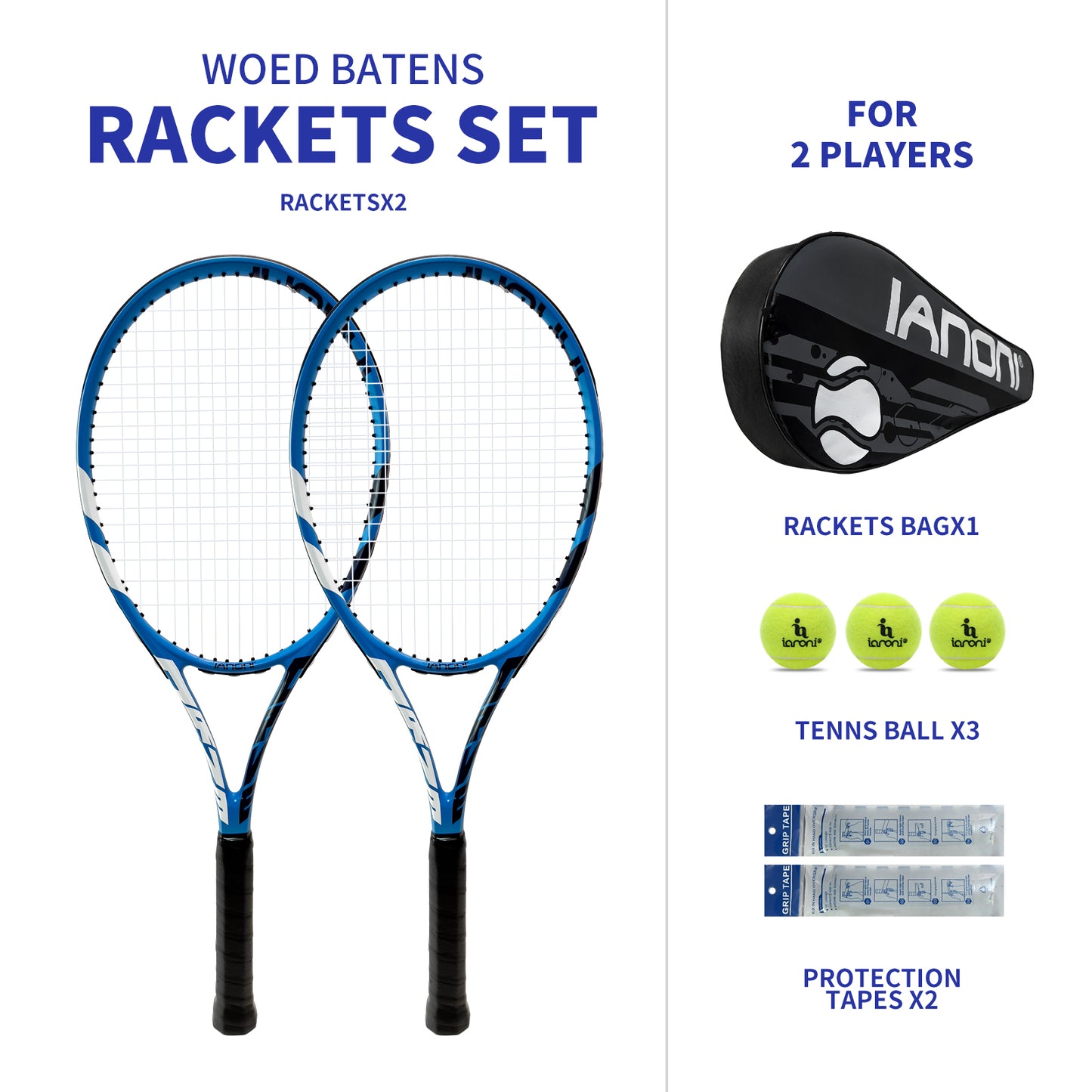 ianoni Tennis Rackets 2 Players Recreational for Beginners ,Pre-Strung 27 Inch Light Adult Racquet Set