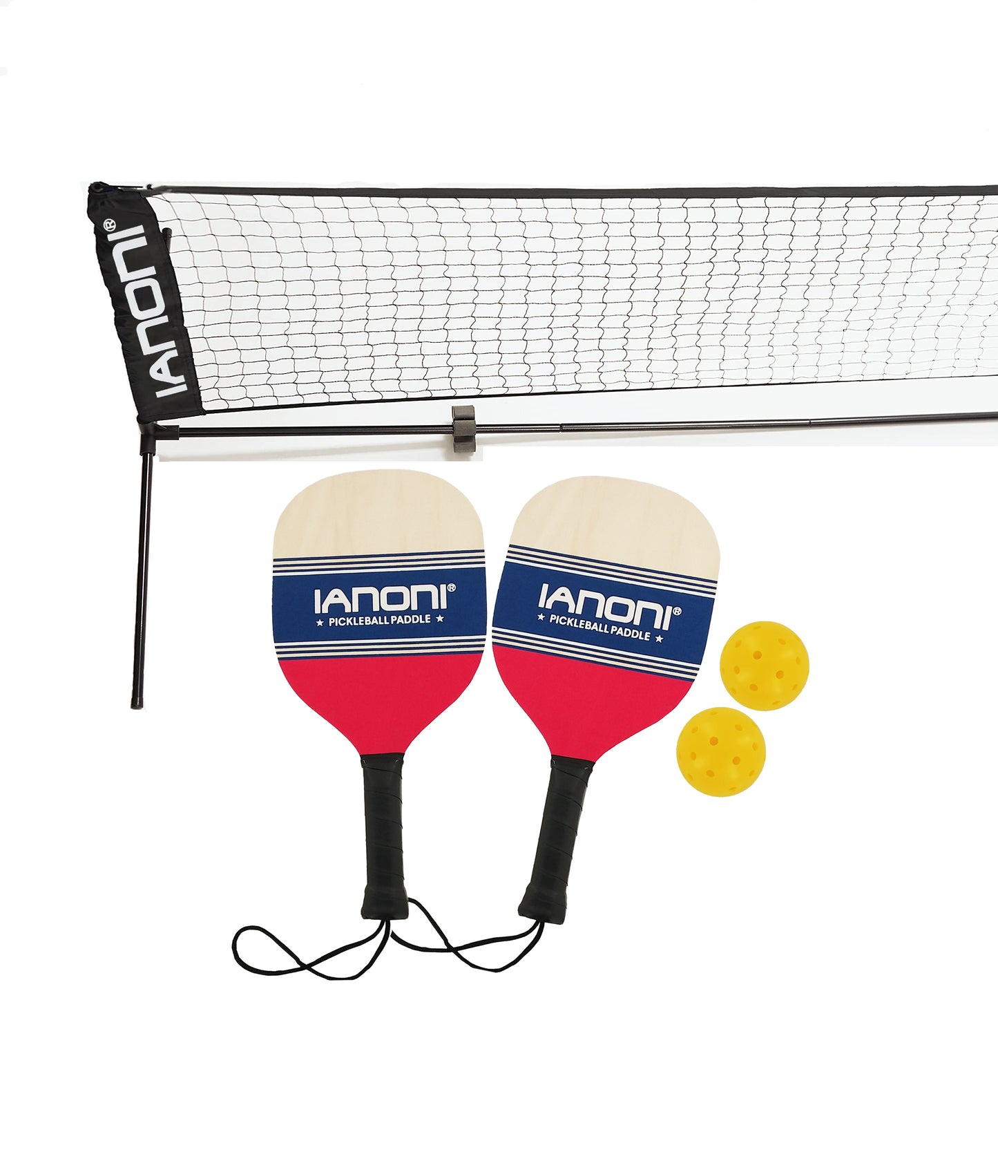 IANONI Games Portable Pickleball Net Set with 2 Wood Racket Paddles, 2 Outdoor Pickleballs, 10 FT Pickleball Net and Carry Bag