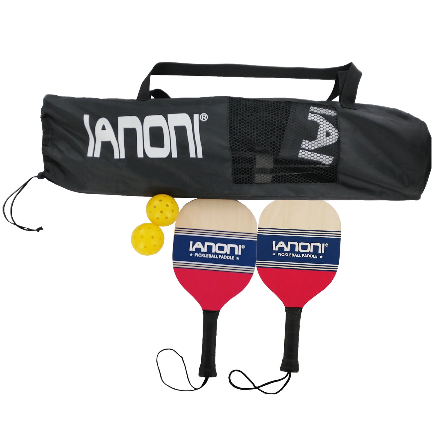 IANONI Games Portable Pickleball Net Set with 2 Wood Racket Paddles, 2 Outdoor Pickleballs, 10 FT Pickleball Net and Carry Bag